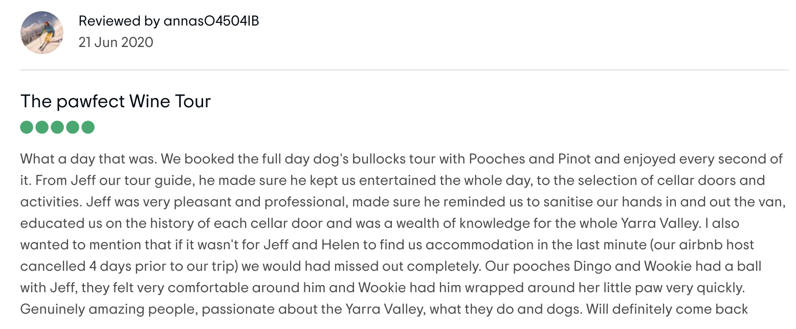 5-star tripadvisor review for pooches and pinot